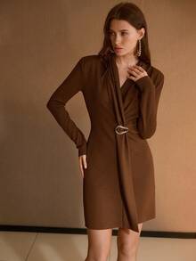 MOTF PREMIUM AUTUMN/WINTER FASHION SOFT V-NECK RUCHED BODYCON MINI KNIT DRESS FOR WOMEN - Coffee Brown - View 4