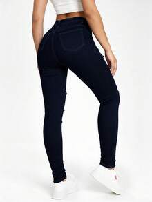 SHEIN ICON Black Slant Pocket Ripped Skinny Jeans - Dark Wash - View 2
