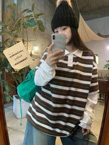 DAZY Women's Turndown Collar Striped Korean Style Casual Long Sleeve 2 In 1 Street T-Shirt