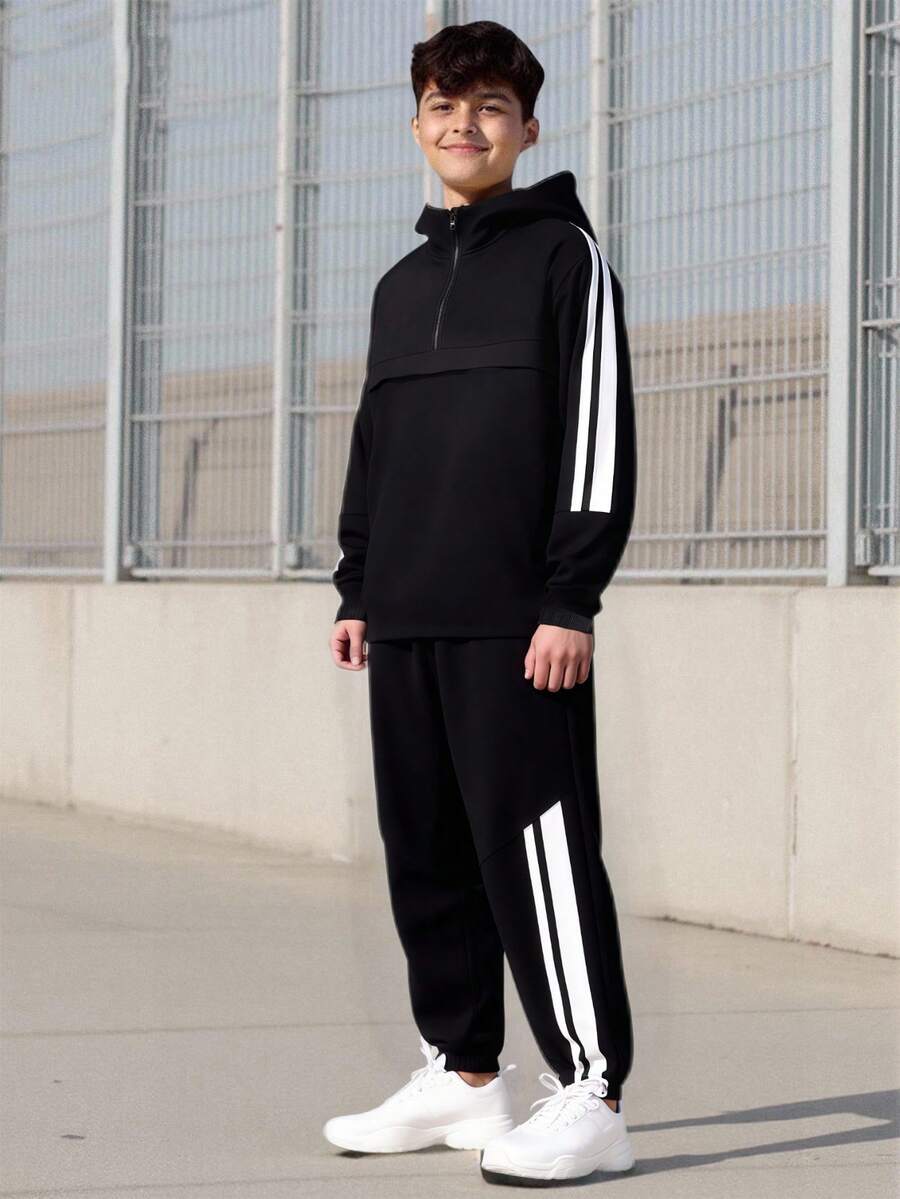 Vacaura 2pcs/Set Boys' Stylish Asymmetrical Line Print Hooded Half-Zip Jacket And Drawstring Pants Sports Casual Outfit, Spring/Autumn - Black - View 1