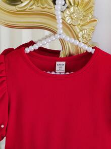 女童红色串珠泡泡袖收腰珍珠A字针织连衣裙，春秋季，适合新年、派对、聚会、圣诞节等场合。 - 紅色 - 查看 6