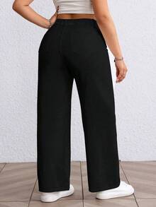 SHEIN EZwear 大尺碼女款無彈力黑色寬鬆直筒牛仔褲，休閒常規高腰寬腿牛仔褲，夏季款 - 黑色 - 查看 2