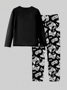 2pcs Tween Boys Pajama Set,Black Long Sleeve Video Game Print Top And Matching Allover Print Pants,Cute Autumn Holiday Game Controller Outfit Sets - Black - View 2
