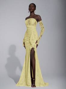 Elitara 优雅奢华的弹力蕾丝露肩无肩带连衣裙，配有可拆卸的薄纱袖子、美人鱼裙摆和性感开衩，适合婚礼、活动、派对、度假、盛会和正式场合，以及情人节。 - 淡黃色 - 查看 5