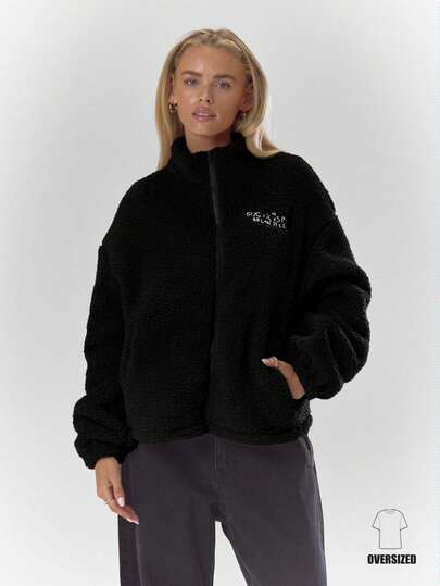 MUSERA High Neck Embroidered Elasticated Toggle Detail Fleece Jacket Cosy Cute Casual Coffee Club Winter Spring