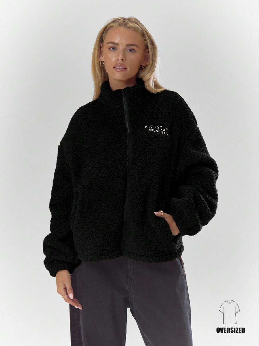 MUSERA High Neck Embroidered Elasticated Toggle Detail Fleece Jacket Cosy Cute Casual Coffee Club Winter Spring - Black - View 1