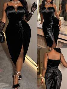 Slaydiva فستان ميني مشدود مزخرف بالفرو المزيف بياقة على شكل حرف V بدون أكمام، مناسب للحفلات والنوادي الليلية والعطلات والنوادي والبارات وأحداث المساء