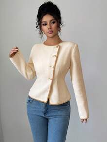 GlowEve Women's Fashionable & Elegant Autumn Long Sleeve Black & White Contrast Trim Simple Casual Jacket - Khaki - View 3