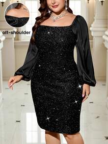 Gownix Váy bó tay đèn lồng bằng vải satin sequin cỡ lớn, váy dài tay cổ tròn, váy trễ vai cổ vuông có thể đảo ngược, váy đính hạt dự tiệc - màu đen - Xem 1