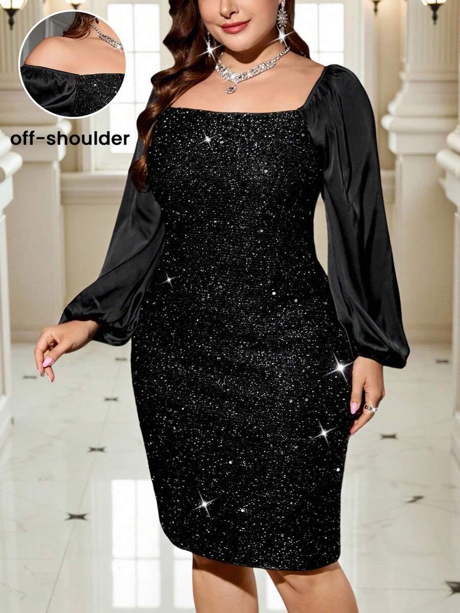 Gownix Váy bó tay đèn lồng bằng vải satin sequin cỡ lớn, váy dài tay cổ tròn, váy trễ vai cổ vuông có thể đảo ngược, váy đính hạt dự tiệc - màu đen - Xem 1