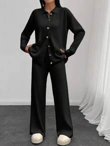 EURMUSE Set de iarnă Petite Cardigan cu nasturi metalici aurii solidi și pantaloni de pulover solizi, potrivit pentru casual și elegant