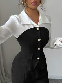 SHEIN Elenzya 新款秋季休闲时尚通勤优雅套装，二合一珍珠纽扣领拼接修身开衩长袖衬衫+松紧腰阔腿裤，适合教师节、节假日、独立日等场合。 - 黑色 - 查看 2