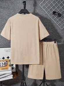 SHEIN Vacaura 2pcs/Set Teens Textured Waffle Fabric Short Sleeve Top And Shorts Set - Camel - View 2