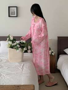 DAZY Tie-Dye Print Ruffle Trim Long Nightgown For Women - Pink - View 8