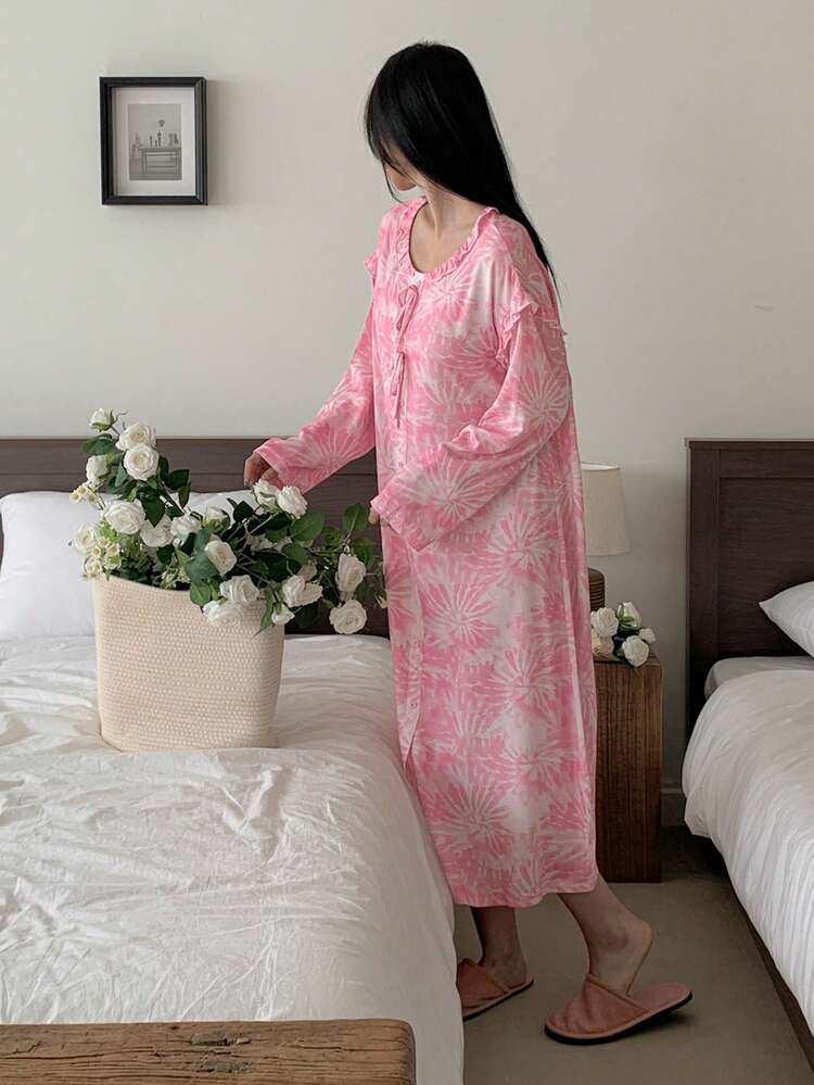 Tie-Dye Print Ruffle Trim Long Nightgown For Women