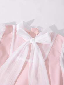Tween Girl Elegant Party Color Block Mesh Puff Sleeve Dress - Pink - View 4