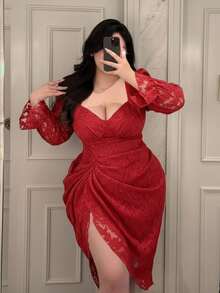 Vibekara 复古蓝白花卉印花方领不对称褶皱收腰时尚连衣裙 - 紅色 - 查看 5