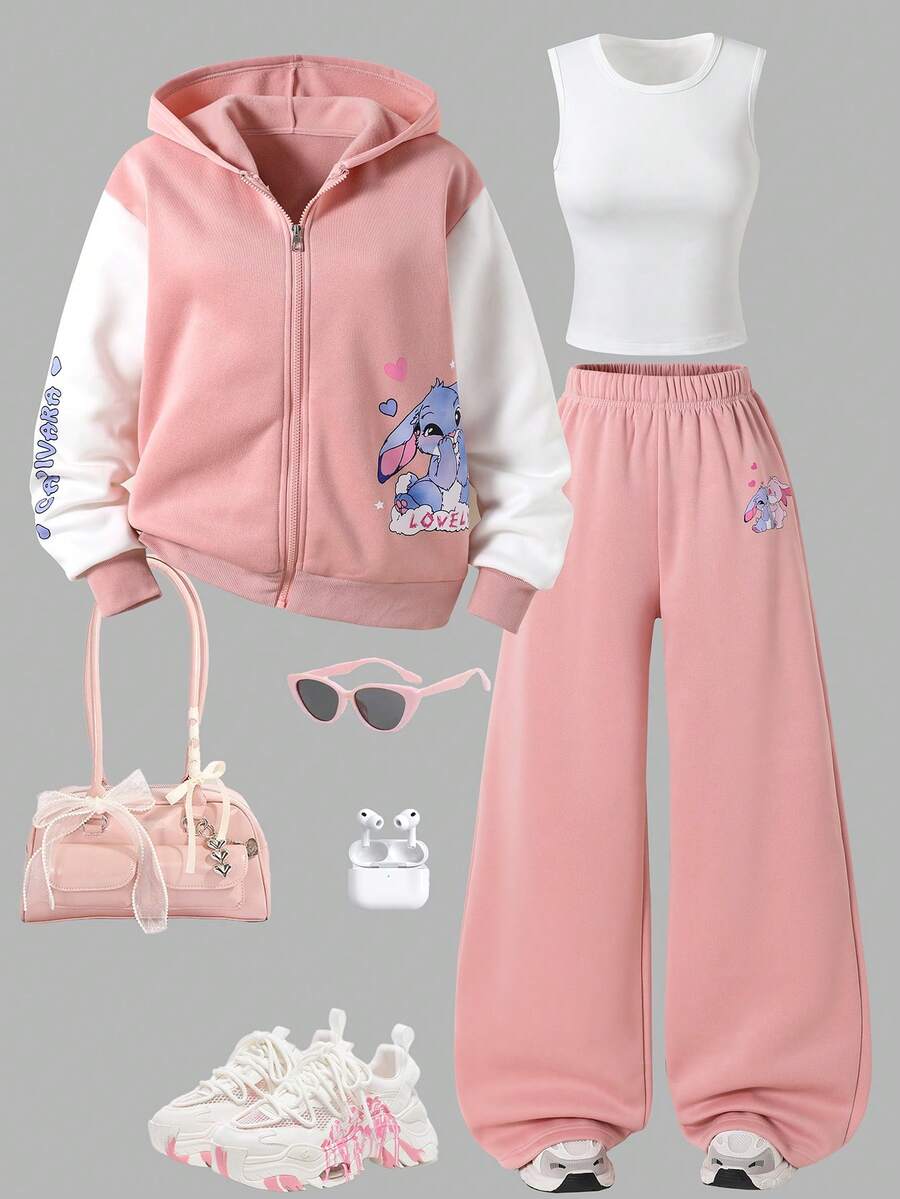 SHEIN Sparklyn Bộ 3 món nữ tuổi teen gồm áo len dài tay có mũ trùm đầu, khóa kéo, áo hoodie in họa tiết ngựa nhỏ trước ngực, áo vest trắng thường ngày và quần ống đứng cạp chun. Bộ ba món rộng rãi, thoải mái, mềm mại và thiết thực, phù hợp cho mùa thu, xuân và đông. Thích hợp để mặc hàng ngày, đi làm, chơi ngoài trời, thể thao, đi học, tiệc tùng và chụp ảnh. - Hồng - Xem 1