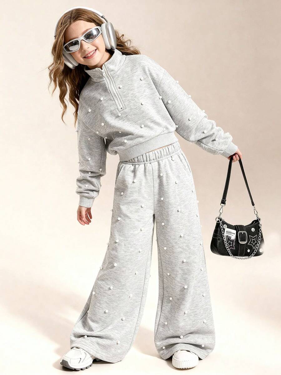 SHEIN Explorewe 青少年女孩 2 件套,灰色,秋季,休閒,校園,返校時尚 拉鍊立領短版運動衫 & 寬腿運動長褲,毛絨內裡套裝 - 灰色 - 查看 1