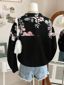 SHEIN Clasi Plus Size Women Thin Printed Patchwork Zip-Up Ribbed Cropped Sweatshirt - Multicolor - View 2