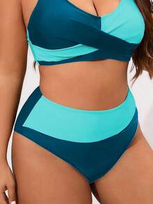 SHEIN Swim Curve 大码女式多色拼接高腰简约款三角形比基尼泳裤，性感优雅，适合海滩、度假 - 彩色 - 查看 6