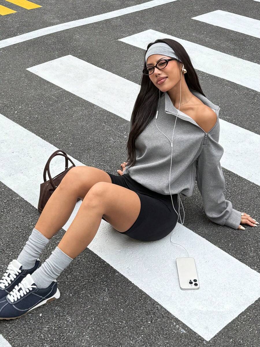 Dewbera Women's Casual Pullover Half-Zip Streetwear Sweatshirt - Grey - View 1