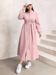 Graceveil Elegant Waist Cinched Long Sleeve Stand Collar Minimalist Design Outerwear, Flattering Fit, Suitable For Autumn/Winter Abayas - Pink - View 5