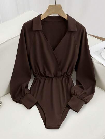 GlowEve CURVE Plus Size Dames V-hals Lange Mouwen Zak Effen Kleur Bodysuit