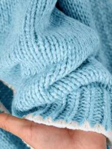 CosyJoli Sweater Kasual Ukuran Besar dengan Pita Ikat dan Trim Kontras, Kardigan/Musim Dingin - Biru - View 6