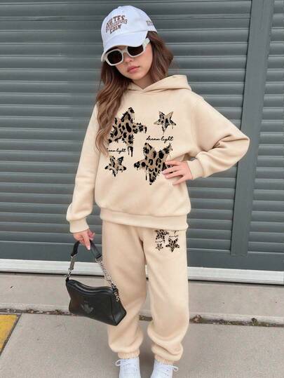 2ชิ้น/ชุด เสื้อสเวตเตอร์แฟชั่นลายกราฟิกสำหรับเด็กผู้หญิงและชุดกางเกงจ็อกเกอร์, ลายดาวและลายเสือดาว, ชุดที่ใส่สบายและอบอุ่นสำหรับฤดูใบไม้ร่วง/ฤดูหนาว