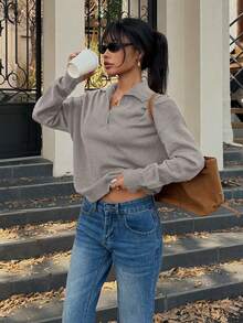 Flirla Women's Solid Color Half-Zip Drop Shoulder Casual Knit Pullover Sweater - Light Grey - View 4
