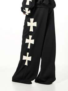 SUMWON WOMEN Quần chạy bộ ống rộng in họa tiết chữ thập cỡ lớn, dáng rộng thoải mái, dễ chịu khi mặc thường ngày - màu đen - Xem 2