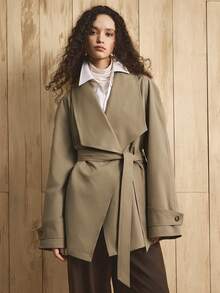 GENKIRA 女士开襟腰带系带插肩袖袖袢日常通勤风衣秋冬休闲款 - 卡其色 - 查看 2