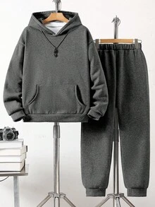 Vacaura 2件組青少年男孩純黑色厚款連帽落肩運動衫與休閒街頭風寬鬆運動慢跑長褲套裝，適合秋季 - 深灰色 - 查看 5
