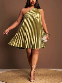 Veslaya 优雅派对、优雅约会、毕业季、生日派对、正式场合、聚会、婚礼季、宴会、性感、宽松无袖单肩、单侧高开衩、亮面面料、全身褶裥、女士大码连衣裙 - 綠色 - 查看 6