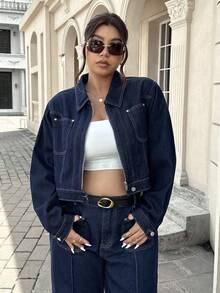 SHEIN ICON Jaket Denim Kasual Wanita Ukuran Besar, Bahan Tidak Melar - Dark Wash - View 6
