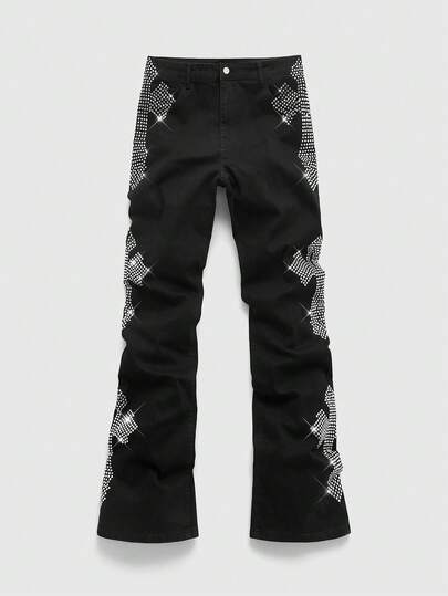 Street Life Jeans évasés mode décontractée de rue et quotidienne pour hommes avec croix strass