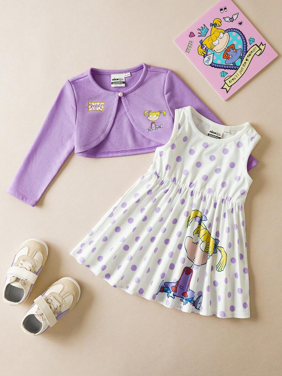 Nick 90s | SHEIN Baby Girl Cartoon Figure Graphic Purple Jacket & Purple Polka Dot Cute White Tank Dress, 2 Piece Set - Purple - View 1