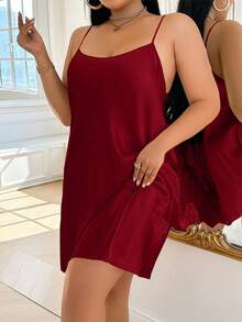 Plus Size Sexy Valentine's Day Dress With Lace Back Design, Faux Silk Mini Front Slit - Burgundy - View 4