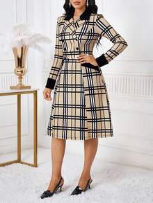 SHEIN Lady 女士翻领长袖双排扣格子优雅中长连衣裙 - 杏色 - 查看 3