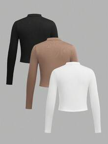 SHEIN Girlism 少女纯色白色米色黑色三件套休闲拉链高领罗纹长袖T恤套装，适合秋冬季节，日常休闲穿着，非常适合休闲、日常穿着和上学穿着。 - 彩色 - 查看 2