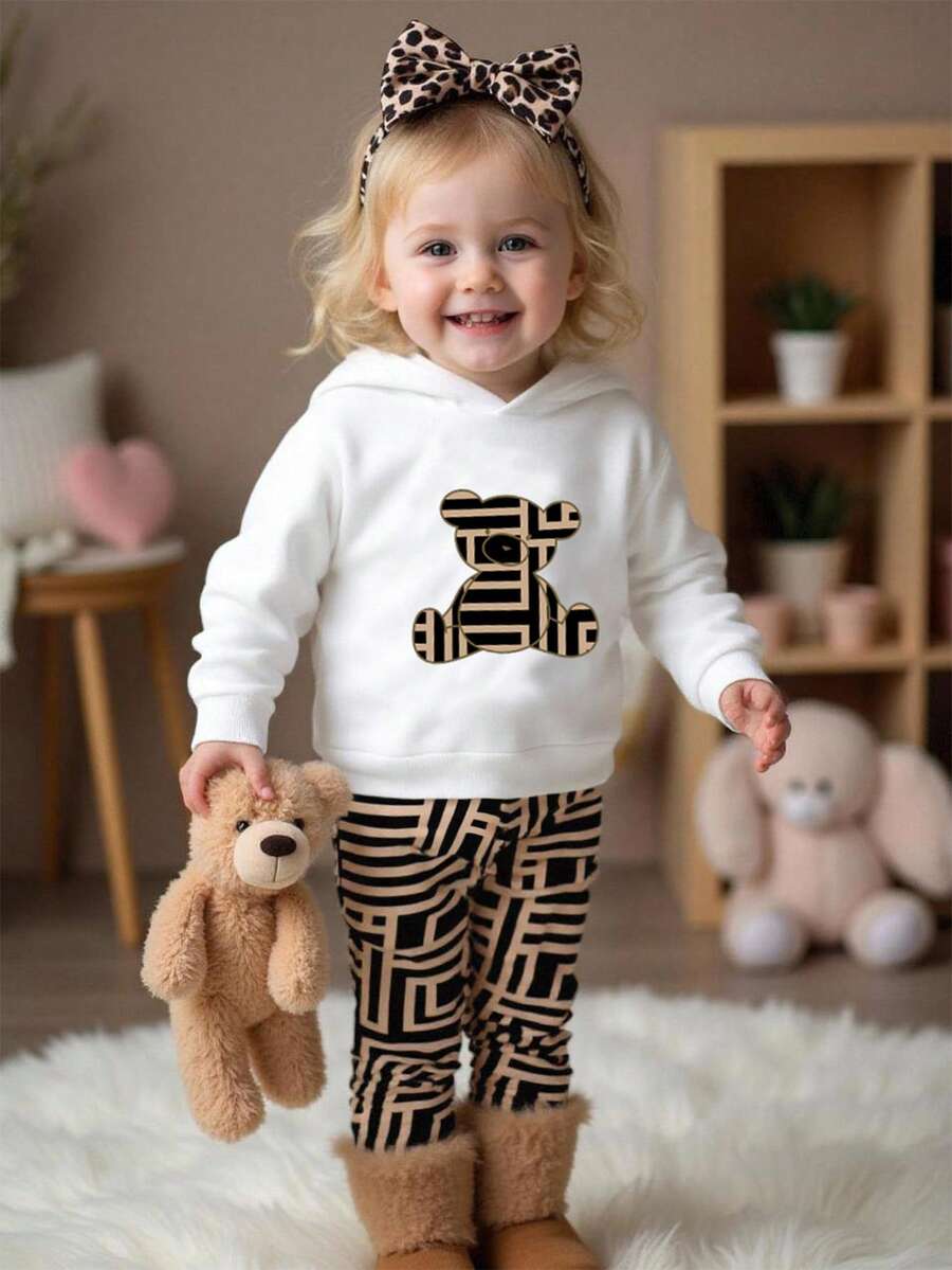 2pcs Baby Girl Set, Fashionable Cute Sitting Bear Print Hoodie Sweatshirt & Geometric Pattern Leggings, Suitable For Outings In Autumn/Winter