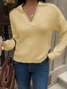 Flirla Women's Solid Color Turndown Collar Drop Shoulder Long Sleeve Casual Sweater, Autumn/Winter - Light Yellow - View 5