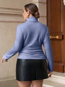 Chikora Plus Size Pearl Button Decorated Knit Pullover Sweater, Casual & Elegant For Commuting - Blue - View 3