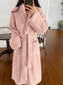 DAZY Women's Minimalist Textured Fleece Long Robe, Winter Loungewear - Pink - View 8