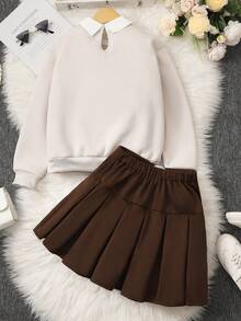 SHEIN 2件套女童美式学院风衬衫领英文印花抓绒卫衣和百褶裙套装