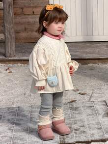 DAZY 女童休闲拼接针织毛衣，秋冬季 - 杏色 - 查看 1