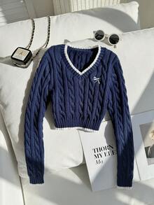 SHEIN 少女蝴蝶结刺绣V领长袖休闲毛衣，秋冬季 - 藏蓝色 - 查看 4