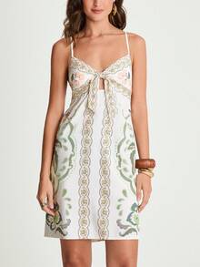CAJUNI Women's White Floral Summer Boho Vacation Holiday Watercolor Floral Coconut Tree Turtle Bamboo Green Apricot Spaghetti Strap Off-Shoulder Short Dress - Green - View 4