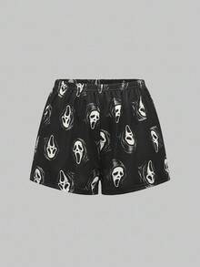 ROMWE Women's Gothic Imp Pattern Contrast Color Strap Camisole & Shorts Casual Pajama Set - Black - View 6